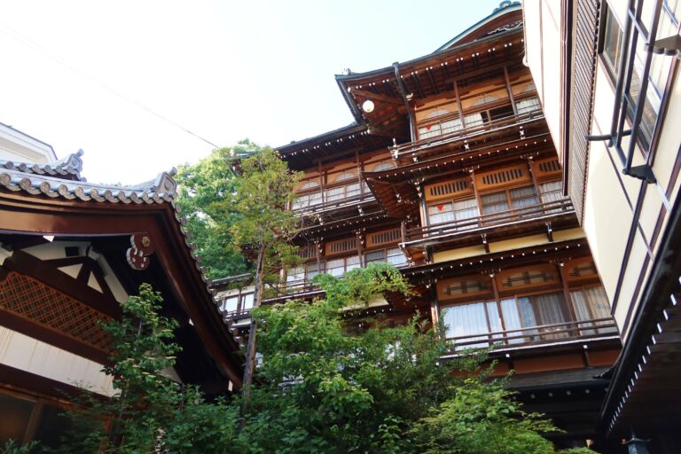 A traditional wooden ryokan in Yamanouchi