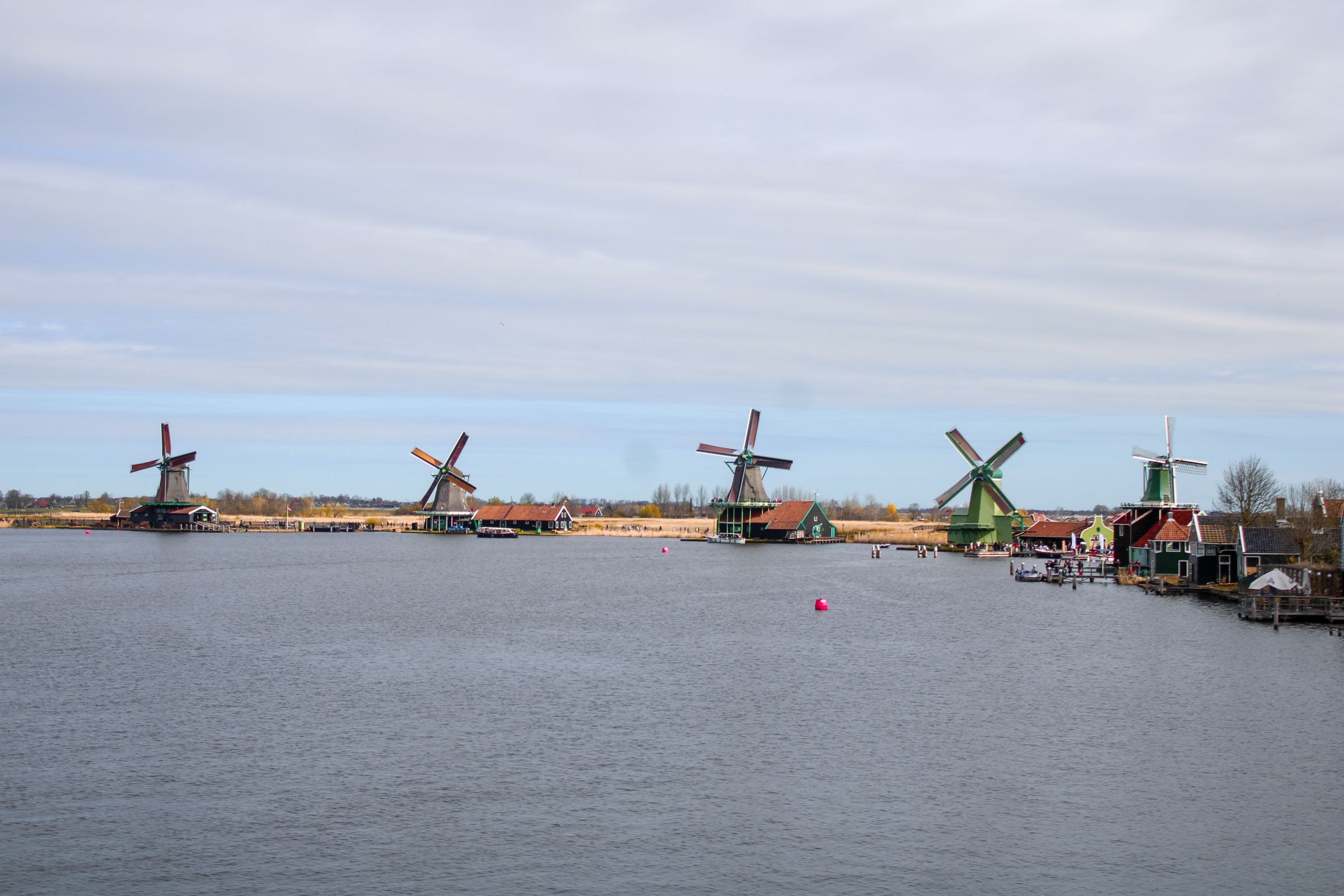 Windmills along the water at Zaanse Schans