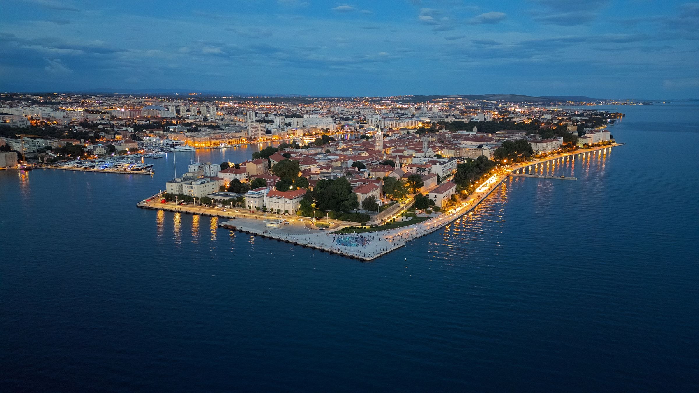 Zadar's seafront lit up at twilight