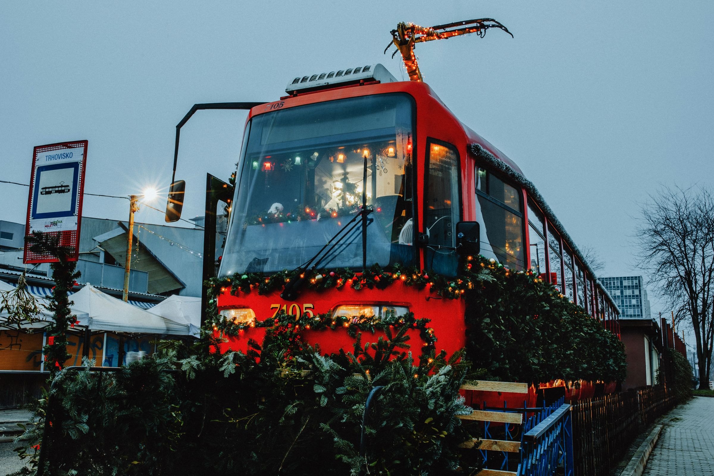 A tram decorated for Christmas in Zagreb