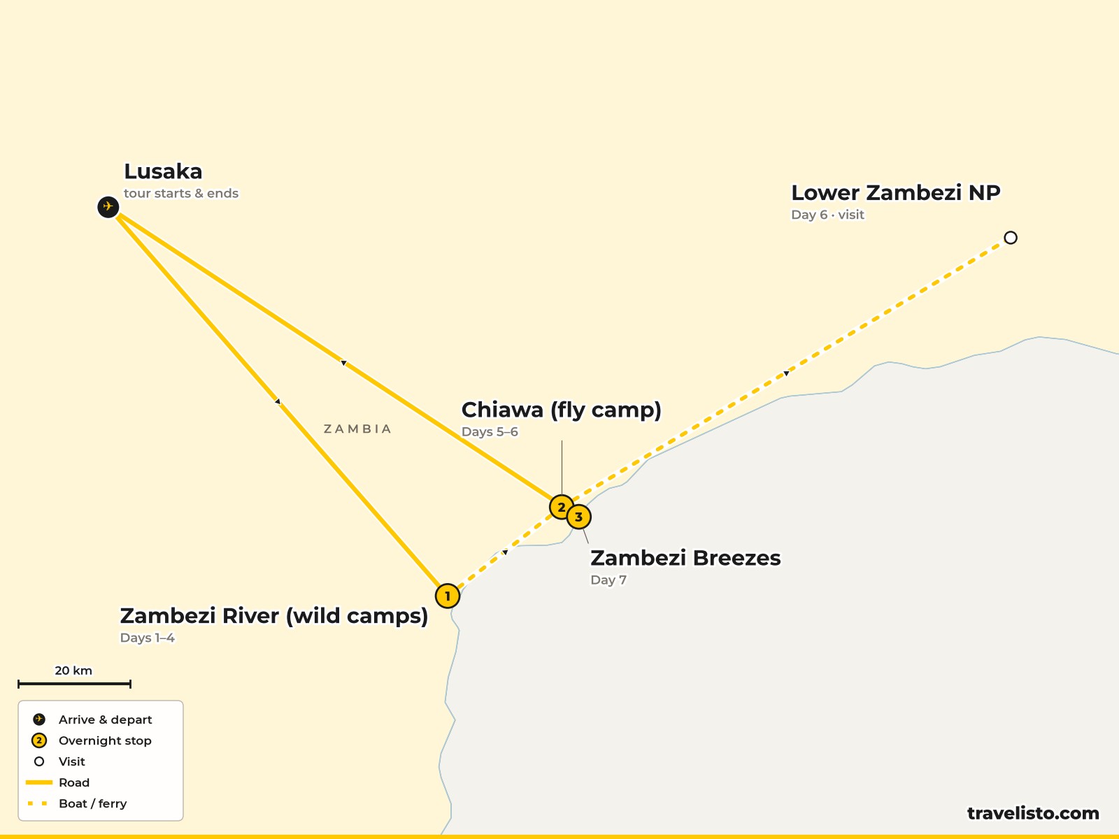 Map of the 8-day canoe safari from Lusaka along the Lower Zambezi to Chiawa and back