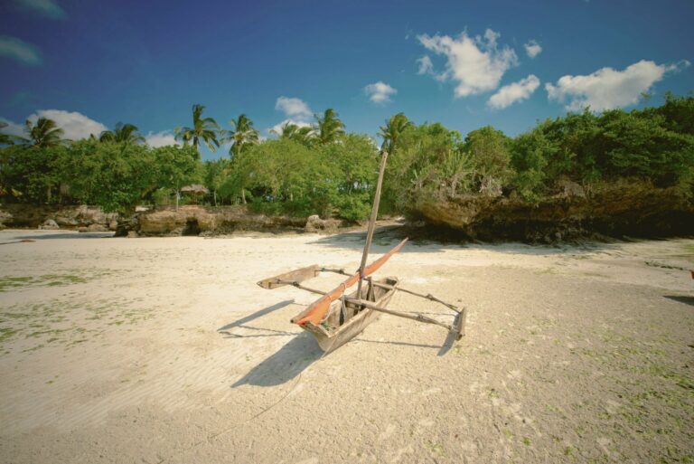 A traditional wooden canoe on a Zanzibar beach