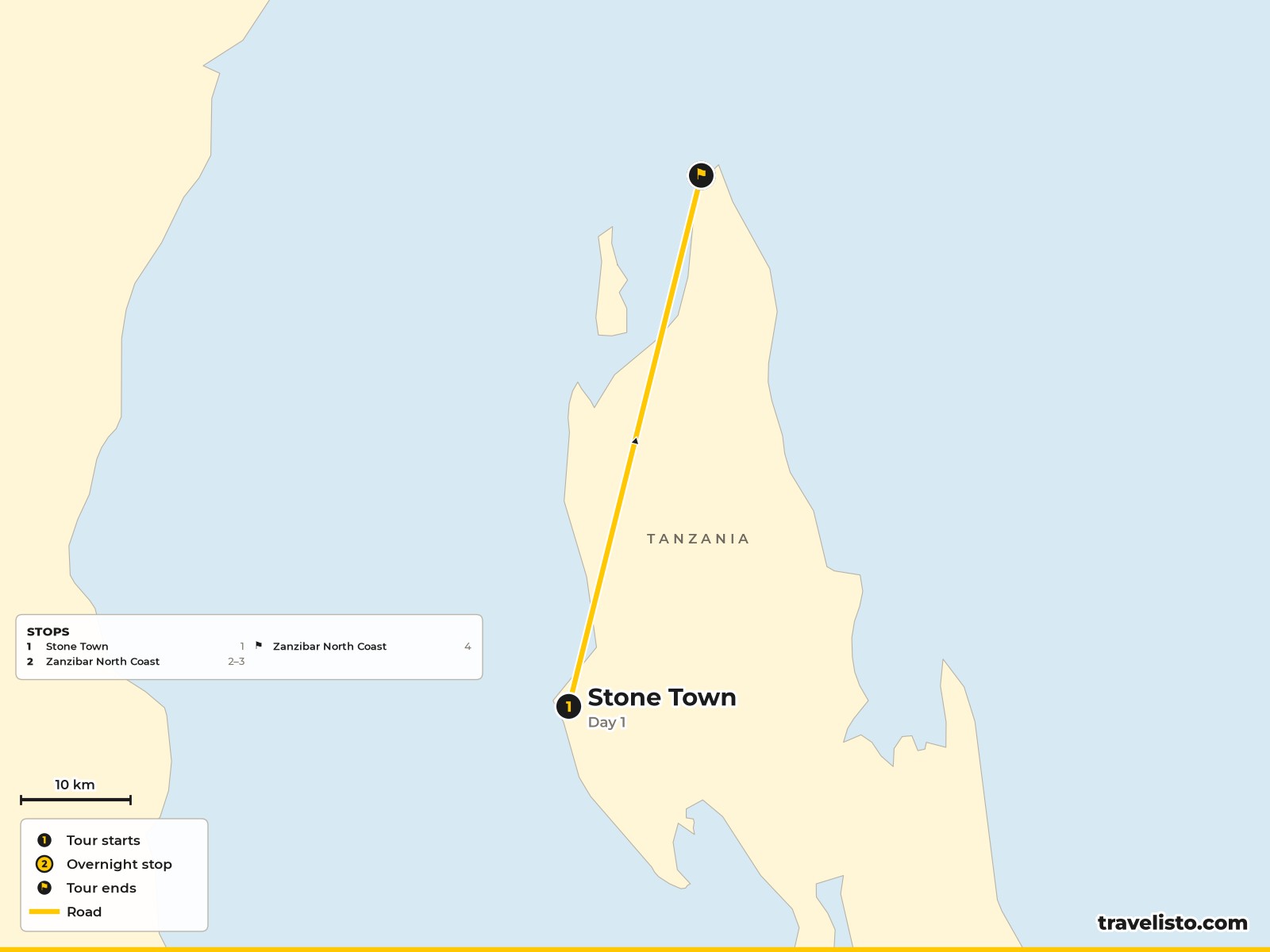 Map of the 4-day Zanzibar short break from Stone Town to the north coast