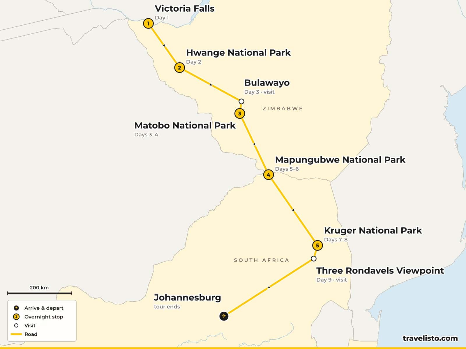 Map of the 9-day safari from Victoria Falls via Hwange and Matobo in Zimbabwe to Mapungubwe, Kruger and Johannesburg in South Africa