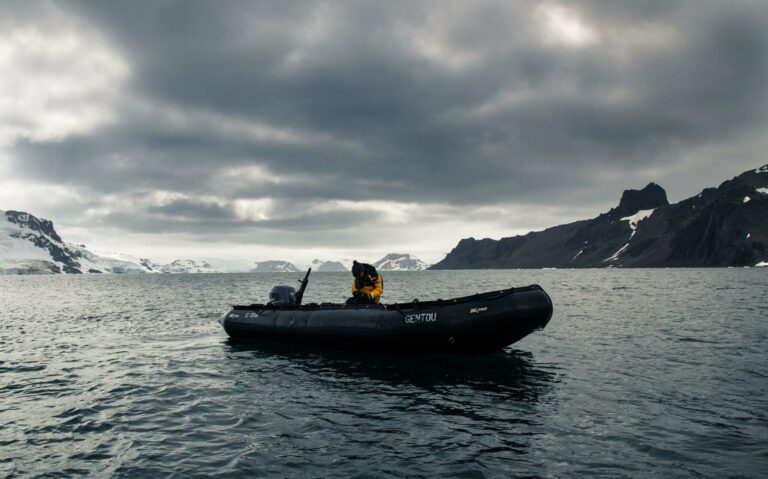 A Zodiac in Arctic waters